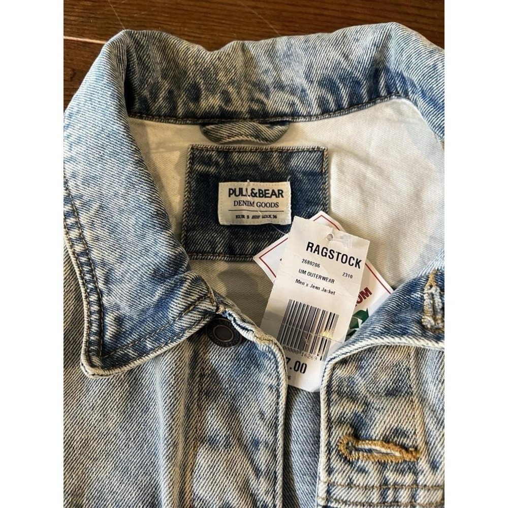 Pull & Bear Mens Denim Jacket Retro Cotton Light Wash Blue Eur Sz Sm - Picture 7 of 8